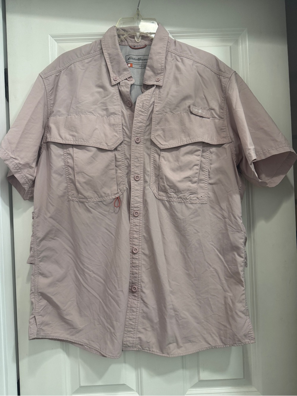 Eddie Bauer Men's Short-Sleeve Button-Up Shirt in Light Pink; breathable